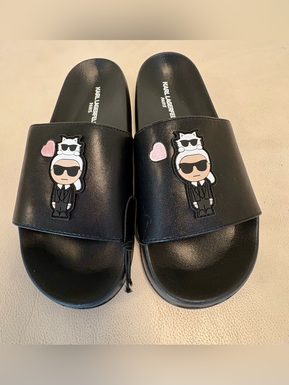 Karl Lagerfeld Black Slide Sandals with Character and Pink Heart Accents